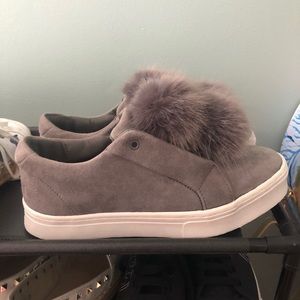 Sam Eldelman grey pom pom slip ons